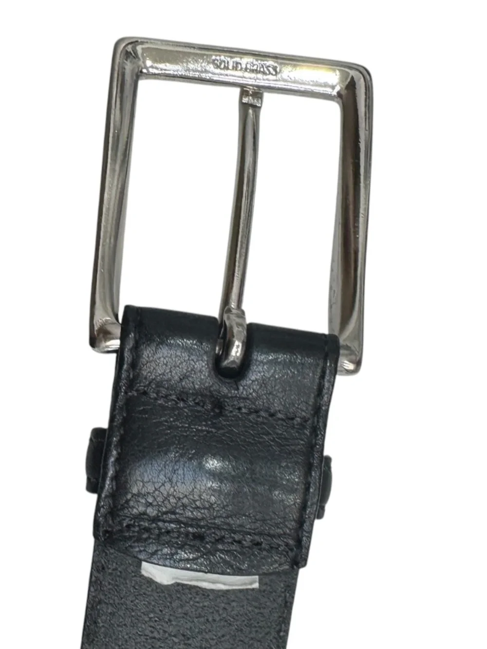 NORDSTROM MEN'S BLACK LEATHER BELT WITH SILVER TONE BRASS METAL SQUARE BUCKLE